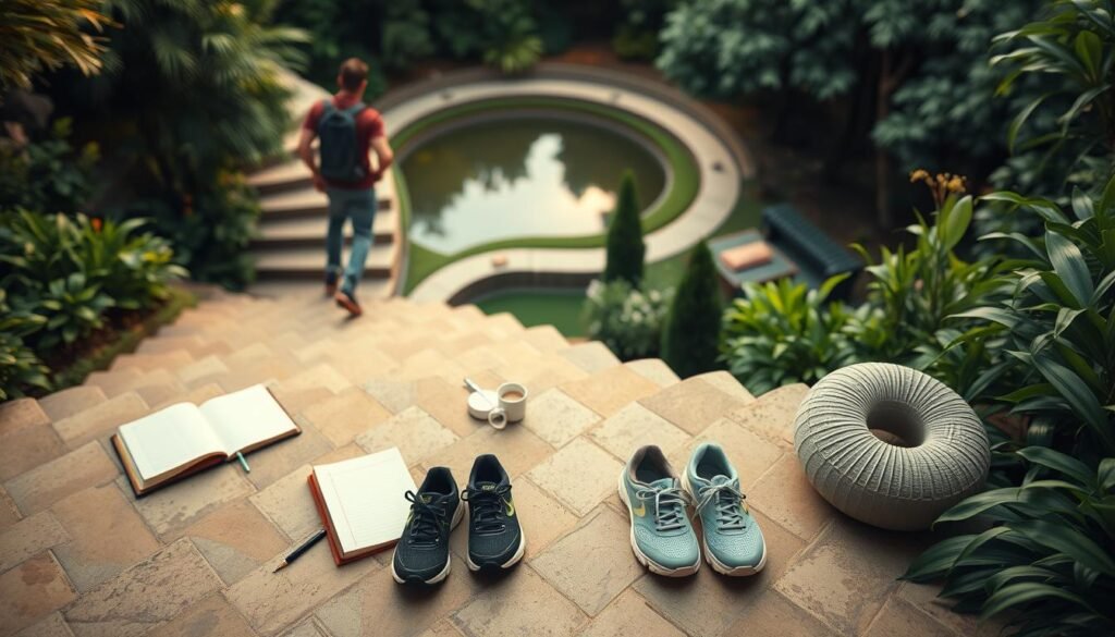 A serene, well-lit staircase winding through a lush, verdant garden. In the foreground, a person climbing the steps, focused and determined. The middle ground showcases various self-discipline techniques - a journal, a pair of running shoes, a meditation cushion. The background features a tranquil pond, symbolizing the inner peace gained through disciplined practice. Soft, warm lighting illuminates the scene, creating a sense of inviting serenity. The composition is balanced, leading the viewer's eye upwards, mirroring the journey of self-improvement.