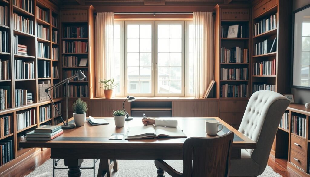 A serene, well-lit study with a large wooden desk and comfortable chair. On the desk, an open notebook, a pen, and various organizational items like a desk lamp, a succulent plant, and a mug of hot tea. The walls are lined with bookshelves, creating a warm, intellectual atmosphere. Natural light streams in through a large window, casting a soft glow on the scene. In the foreground, a person sits at the desk, intently focused on a task, representing the process of goal setting and habit formation. The overall mood is one of productivity, mindfulness, and personal growth.