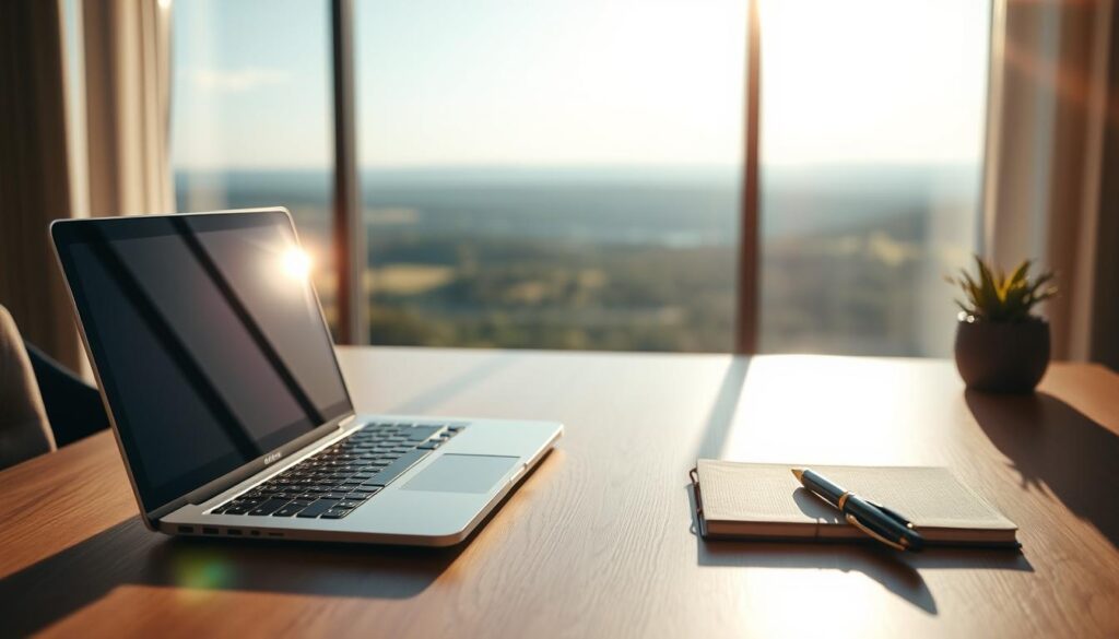 A serene workspace bathed in warm, focused lighting. A clean, minimalist desk with a laptop, notebook, and a single elegant pen. Behind it, a large window overlooking a tranquil landscape, the horizon blurred to emphasize the foreground. Sunlight streams through, casting subtle shadows that guide the eye. The scene exudes an aura of clarity, stillness, and purpose - a sanctuary of focus and efficiency, where the mind can thrive.