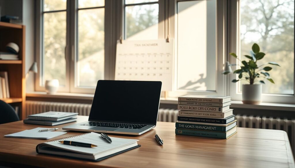 A serene workspace with a desk, laptop, and various time management tools. Soft natural lighting filtering through large windows, creating a warm, focused atmosphere. On the desk, a pen, a planner, and a stack of books on productivity and efficiency. In the background, a minimalist wall calendar and a potted plant, symbolizing the balance between work and life. The composition emphasizes organization, clarity, and a sense of control over one's time. The overall mood is one of intentionality, productivity, and a clear path towards achieving daily goals.