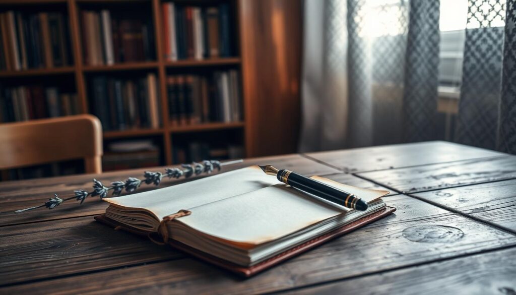 A serene workspace with a leather-bound journal resting on a rustic wooden table, accompanied by an elegant fountain pen and a sprig of fresh lavender. The journal's pages are slightly tattered, hinting at the stories they hold. Soft, natural lighting filters through lace-patterned curtains, casting a warm glow and creating a contemplative atmosphere. In the background, a bookshelf filled with volumes of wisdom stands as a silent witness to the introspective process. This scene embodies the power of journaling to cultivate a growth mindset, inviting the viewer to explore their innermost thoughts and unlock their full potential.