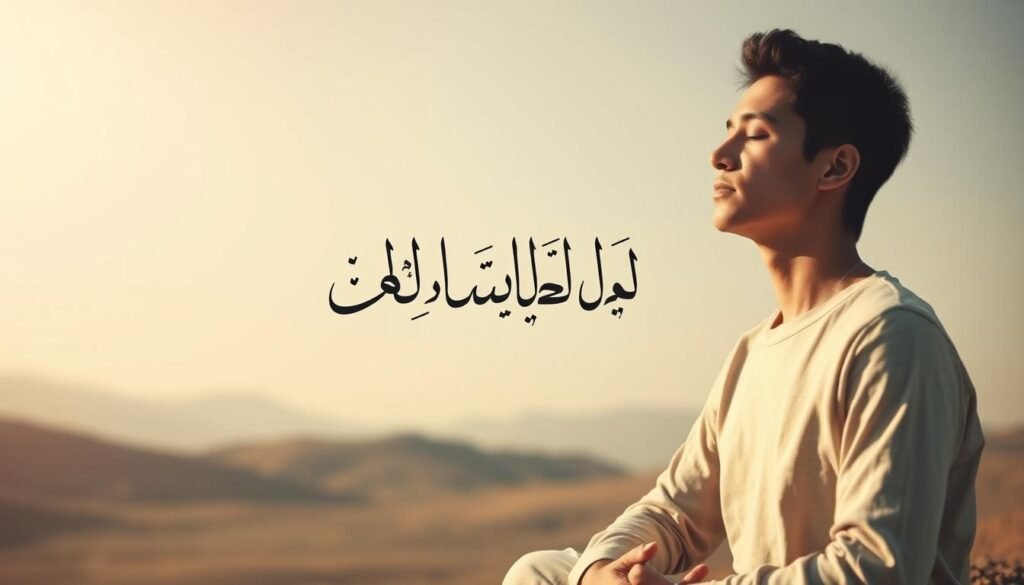 A serene yet focused scene depicting the power of self-control. In the foreground, a person sits in a thoughtful, meditative pose, their eyes closed and expression serene. The middle ground features delicate calligraphic strokes in Arabic script, representing the techniques and disciplines of self-mastery. The background is a tranquil, minimalist landscape, with muted tones and soft lighting, conveying a sense of inner peace and balance. The composition is well-balanced, with the central figure grounded amidst the elegant calligraphy and the calming environment, illustrating the harmony achieved through self-control.