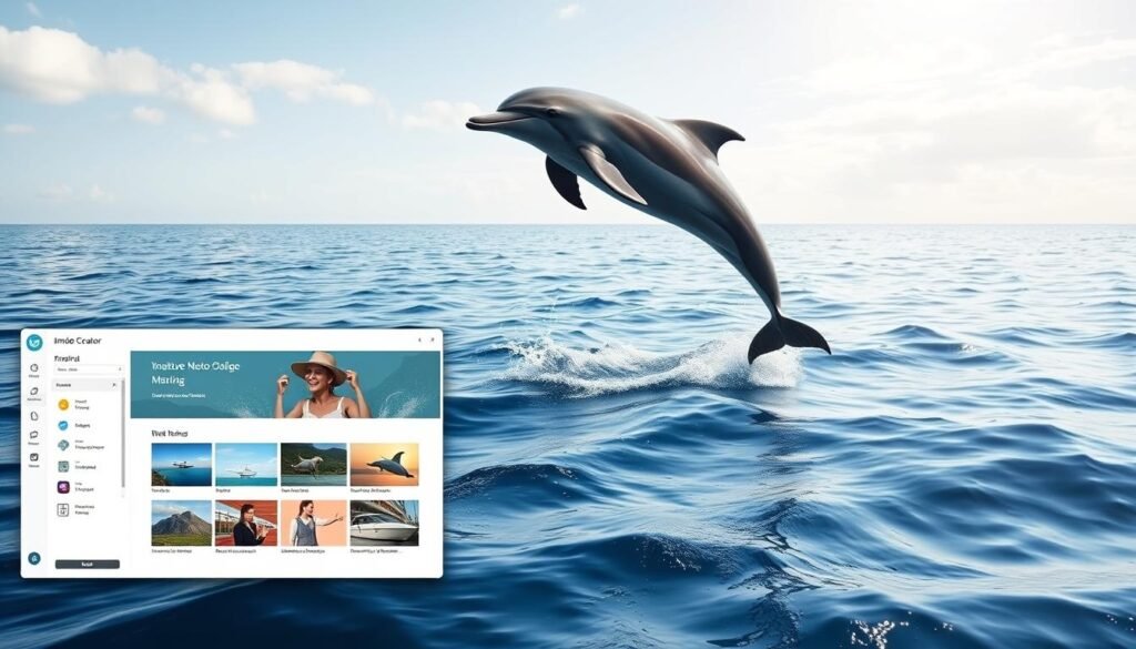 A side-by-side comparison of Jimdo Creator and a dolphin, captured in a detailed, high-resolution photorealistic image. In the foreground, the Jimdo Creator interface is presented with its intuitive website-building tools and sleek, modern design. In the middle ground, a majestic dolphin gracefully leaps out of the ocean, its smooth, hydrodynamic form reflecting the fluid, effortless user experience of Jimdo. The background features a serene, sun-dappled seascape, creating a harmonious and balanced composition that highlights the natural elegance and advanced capabilities of both the website builder and the marine mammal. Lighting is soft and diffused, lending a sense of depth and atmosphere to the scene.