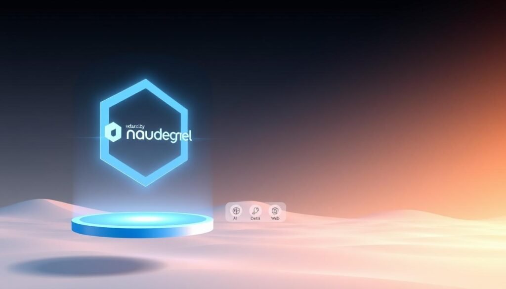 A sleek and minimalist digital illustration showcasing the Udacity Nanodegree programs. In the foreground, a floating holographic display presents the Nanodegree logo, its distinctive hexagonal shape glowing with a soft blue hue. In the middle ground, a group of stylized icons representing various tech disciplines such as AI, data science, and web development, subtly arranged around the central display. The background features a clean, gradient-based landscape, evoking a sense of modernity and innovation. Diffused lighting from an unseen source casts a warm, inviting glow over the entire scene, creating a professional, aspirational atmosphere.
