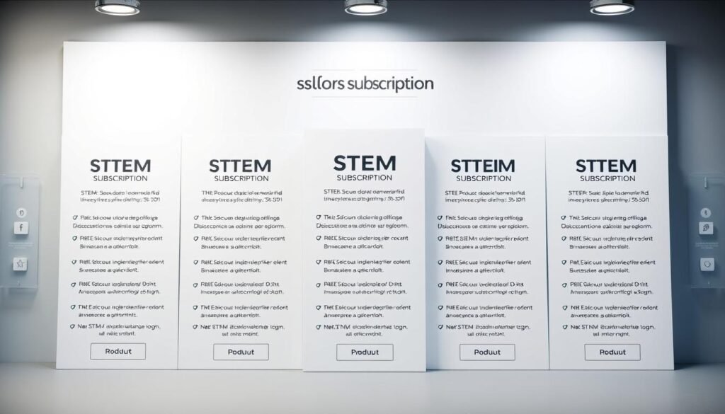 A sleek and modern image of various STEM subscription pricing options presented in a clear and organized layout. The foreground features neatly arranged price tiers with detailed descriptions, highlighted by a minimalist color palette and clean typography. The middle ground showcases product icons and visual cues to represent the different STEM learning experiences. The background has a subtle gradient, giving a sense of depth and sophistication. Crisp lighting from multiple angles accentuates the premium feel, while the camera angle provides an engaging and approachable perspective for the viewer. A sleek and modern image of various STEM subscription pricing options presented in a clear and organized layout. The foreground features neatly arranged price tiers with detailed descriptions, highlighted by a minimalist color palette and clean typography. The middle ground showcases product icons and visual cues to represent the different STEM learning experiences. The background has a subtle gradient, giving a sense of depth and sophistication. Crisp lighting from multiple angles accentuates the premium feel, while the camera angle provides an engaging and approachable perspective for the viewer.