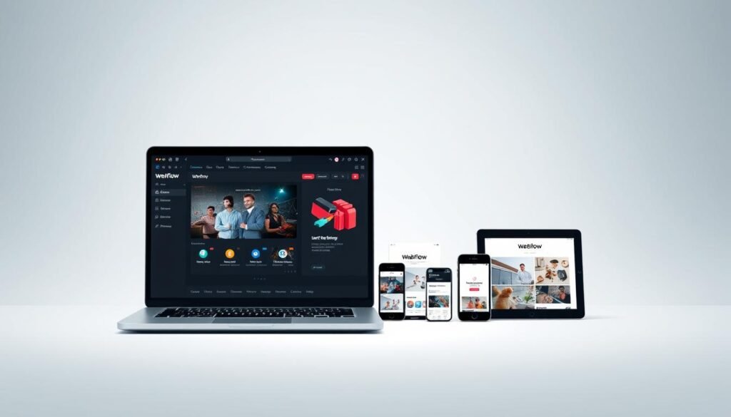 A sleek and modern web design platform set against a minimalist, clean background. In the foreground, a stylized laptop display showcases the intuitive Webflow interface, its tools and features arranged in a visually appealing layout. The middle ground features an array of digital devices such as smartphones and tablets, each displaying a different Webflow-powered website. The background subtly hints at the platform's advanced capabilities, with subtle wireframe grids and abstract design elements. Soft, directional lighting creates depth and emphasizes the high-tech, professional atmosphere. The overall scene conveys the power and sophistication of Webflow as the leading web design solution.