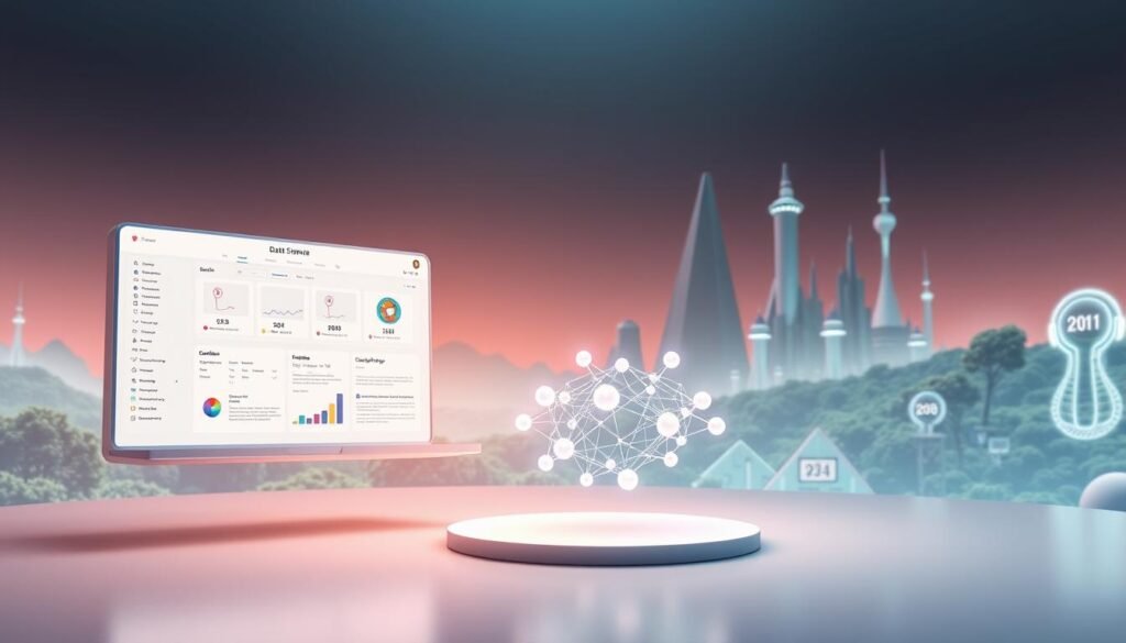 A sleek, minimalist data science learning platform floats in a serene virtual space. The foreground features a clean, intuitive dashboard with interactive course modules, data visualizations, and coding exercises. The middle ground showcases a 3D data model rotating gently, surrounded by glowing nodes and connections. In the background, a lush, futuristic landscape unfolds, with towering data structures and holographic displays. Soft, diffused lighting casts a warm, inviting glow, while a sense of depth and perspective draws the viewer into the immersive, technology-driven learning environment. A sleek, minimalist data science learning platform floats in a serene virtual space. The foreground features a clean, intuitive dashboard with interactive course modules, data visualizations, and coding exercises. The middle ground showcases a 3D data model rotating gently, surrounded by glowing nodes and connections. In the background, a lush, futuristic landscape unfolds, with towering data structures and holographic displays. Soft, diffused lighting casts a warm, inviting glow, while a sense of depth and perspective draws the viewer into the immersive, technology-driven learning environment.