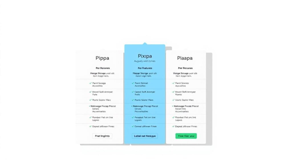 A sleek, modern comparison of Pixpa's pricing plans presented on a clean, minimal white background. The plans are displayed in a grid-like layout, each with crisp, well-organized details on features, storage, and costs. The plans are visually distinct, perhaps using a color palette of grays, blues, and greens to convey professionalism and clarity. Careful attention is paid to the typography, icon usage, and overall visual hierarchy to make the comparison easy to parse at a glance. Subtle shadows and reflections add depth, while balanced, soft lighting from the side creates a sense of depth and dimension. The overall impression is one of an authoritative, user-friendly resource to help visitors quickly evaluate Pixpa's offerings.