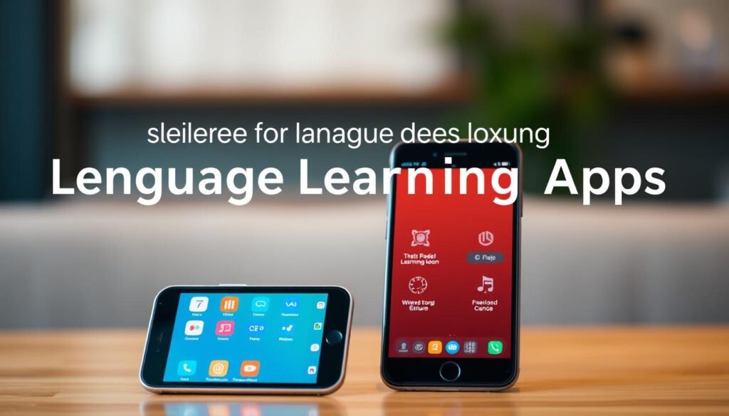 A sleek, modern comparison of leading language learning apps, set against a softly blurred background. In the foreground, the apps are displayed side-by-side, their distinct user interfaces and app icons clearly visible. The middle ground showcases the apps' key features, represented by concise, informative icons. Subtle, warm lighting accentuates the clean, minimalist design, creating a sense of sophistication and ease of use. The overall mood is one of effortless productivity and informed decision-making, inviting the viewer to explore the best option for their language learning journey.