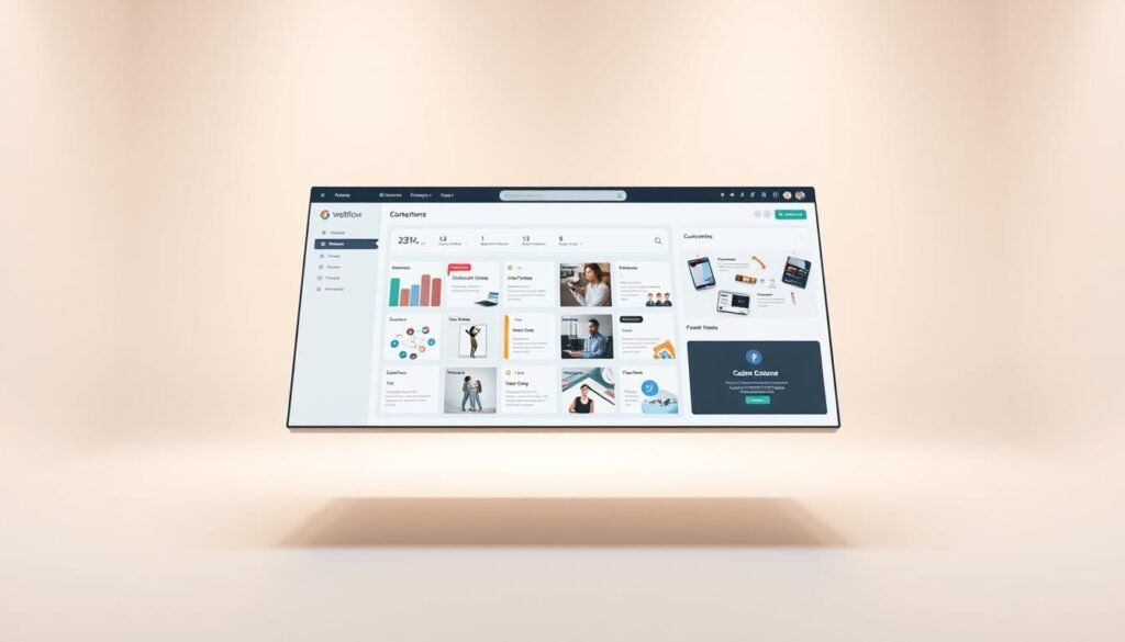 A sleek, modern content management system interface floats in a minimalist, well-lit studio setting. The CMS dashboard displays a clean, gridded layout of content modules and management tools, bathed in soft, directional lighting that accentuates the user interface elements. The background is a simple, neutral tone that allows the CMS interface to be the focal point, conveying a sense of focus, organization, and digital productivity. The angle is slightly high, giving an overview of the system's functionality and showcasing its intuitive, responsive design, reflecting the capabilities of the Webflow software tool.