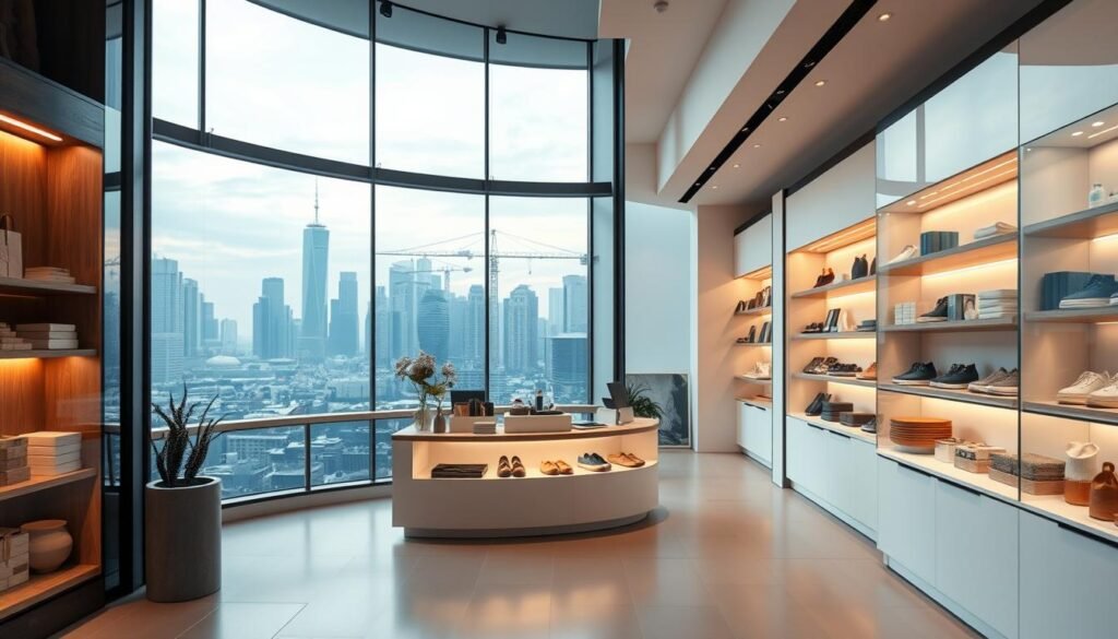 A sleek, modern e-commerce storefront with a clean, minimalist design. The foreground features a large display window showcasing a selection of high-quality products, bathed in warm, soft lighting that highlights their craftsmanship and attention to detail. The middle ground shows a minimalist, Nordic-inspired interior with wooden shelves, white walls, and a central cashier's desk. In the background, a panoramic view of a bustling city skyline with skyscrapers and cranes, creating a sense of urban sophistication. The overall atmosphere conveys professionalism, efficiency, and a premium shopping experience for online customers.