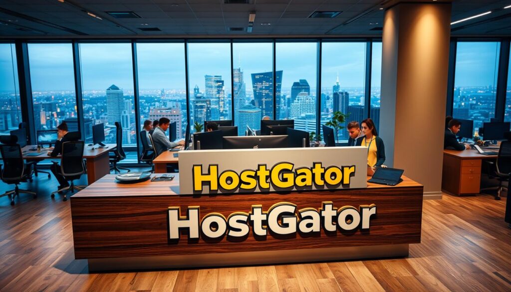 A sleek, modern office setting with a prominent HostGator customer support desk in the foreground. The desk is made of polished wood and metal, with a large HostGator logo prominently displayed. Behind the desk, several customer service representatives are visible, dressed in professional attire, engaged in various support tasks. The middle ground features an open-concept workspace with ergonomic desks, task lighting, and a soothing color palette. In the background, a large window overlooking a bustling city skyline provides a sense of scale and location. The lighting is warm and inviting, creating a welcoming atmosphere for customers seeking assistance. The overall scene conveys a professional, efficient, and customer-centric HostGator support experience.