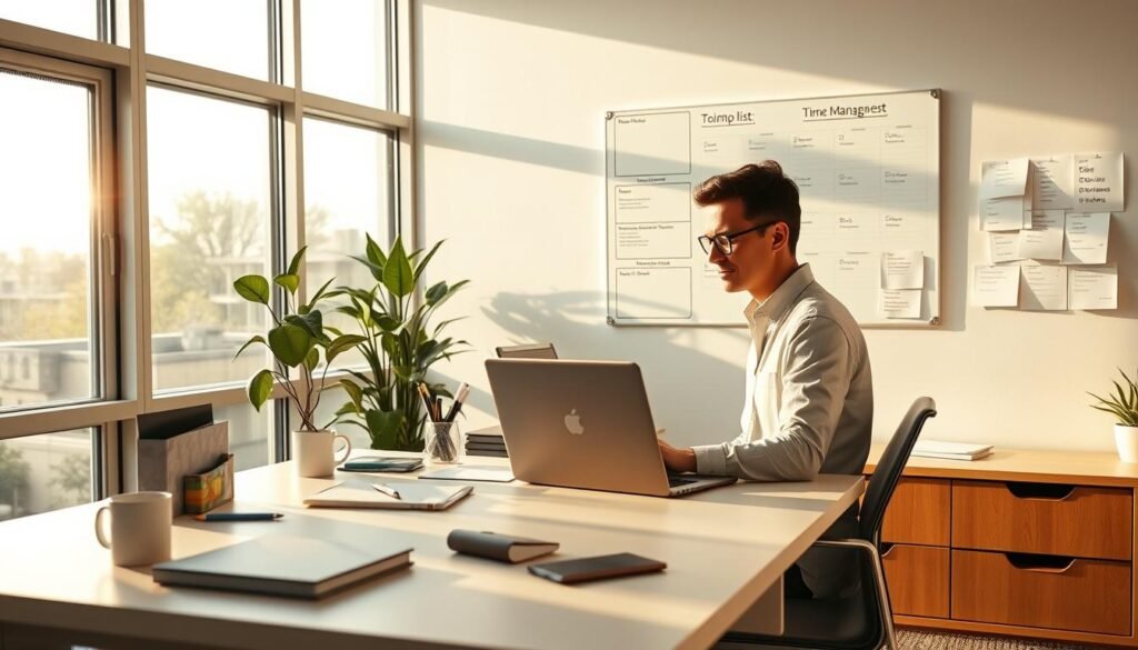 A sleek, modern office with ample natural light streaming through large windows, illuminating a minimalist desk with an organized array of productivity tools. In the foreground, a person sits at the desk, laptop open, meticulously planning their day on a digital calendar. The background features a wall-mounted whiteboard with a neatly organized to-do list and time management frameworks. Soft, warm tones create a focused, productive atmosphere, while the overall scene conveys a sense of efficiency and control over one's time.