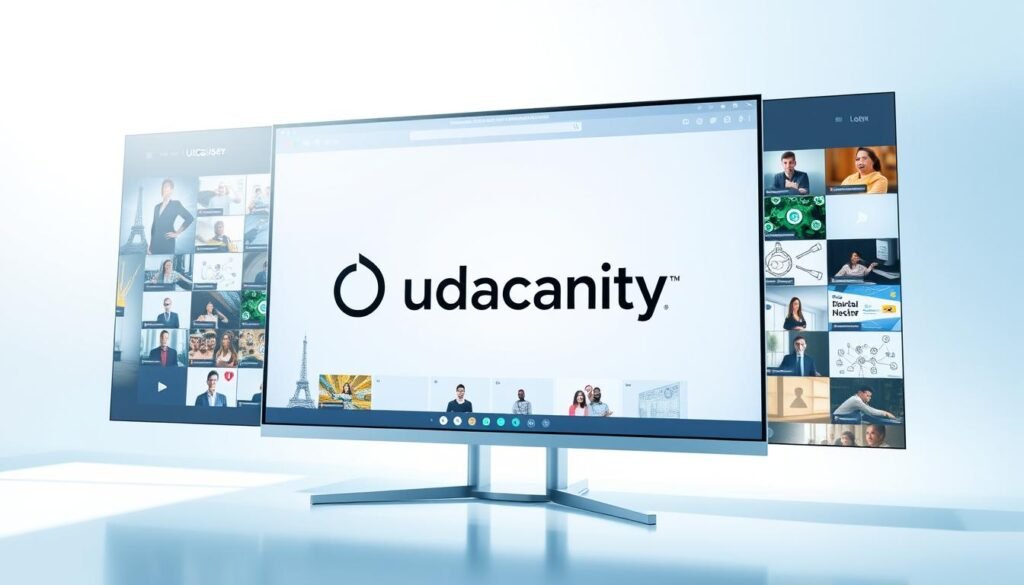A sleek, modern online education platform with a clean, minimalist interface. The Udacity logo prominently displayed on a large, high-resolution screen, surrounded by a variety of course icons and images depicting various educational topics and disciplines. The screen is set against a bright, airy background, with subtle gradients and geometric shapes that convey a sense of technology, innovation, and intellectual stimulation. The lighting is soft and diffused, creating a welcoming and inviting atmosphere. The overall composition is balanced and visually striking, reflecting the professionalism and expertise of the Udacity online learning experience.