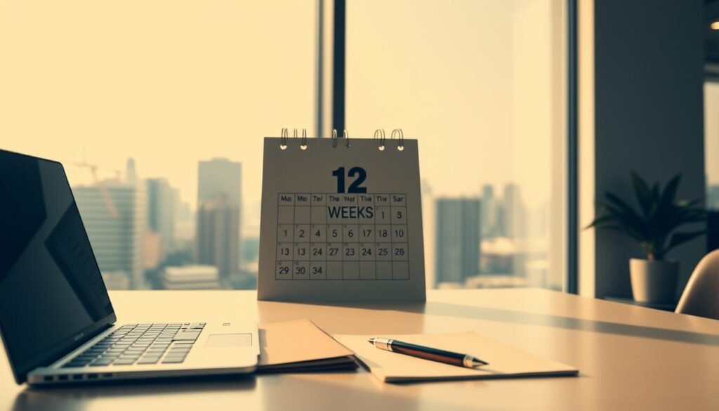 A sleek, modern workspace with a clean, minimalist aesthetic. In the foreground, a desk with a laptop, notebook, and a single pen, symbolizing focus and productivity. The middle ground features a calendar with "12 WEEKS" prominently displayed, underscoring the efficient 12-week timeline. In the background, a large window overlooking a cityscape, suggesting the broader context and potential for growth. The lighting is warm and directional, creating a sense of clarity and purpose. The overall mood is one of determination, organization, and a laser-like focus on achieving maximum productivity within a defined timeframe.