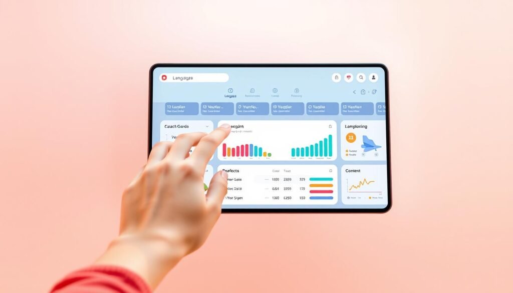 A sleek, personalized language learning app interface floats against a minimalist, pastel-toned background. In the foreground, a student's hand taps on a vibrant, touch-responsive dashboard, customized with their language goals and progress. Warm lighting casts a soft glow, while the mid-ground features a subtle overlay of language-related icons and graphics. The scene conveys a sense of modern, efficient, and tailored language learning, inviting the user to engage with the app's personalized features and curated content.