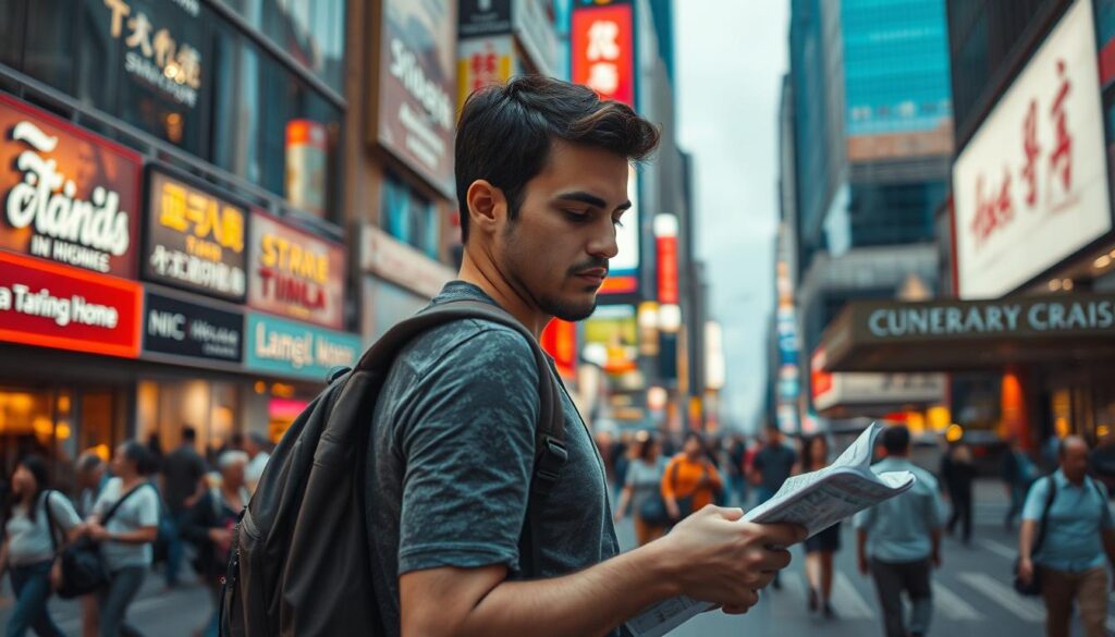 A solo traveler navigating an unfamiliar urban environment, their backpack slung over one shoulder as they consult a map, their expression focused yet adaptable. The bustling city surrounds them, a kaleidoscope of colors and textures - towering skyscrapers, neon-lit signs, and a diverse array of pedestrians. Warm, diffused lighting casts a sense of intrigue and discovery, while the traveler's posture conveys a willingness to embrace the challenges of the journey. The scene evokes a spirit of resilience, flexibility, and personal growth in the face of travel's unpredictable nature.
