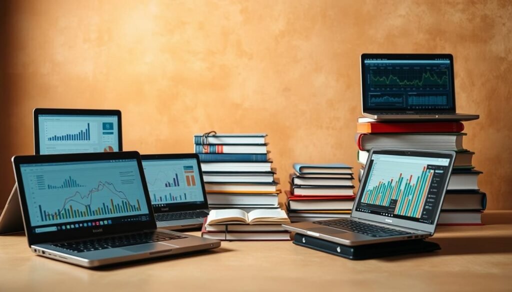 A sophisticated arrangement of laptop computers, textbooks, and various data visualization elements floats against a warm, textured backdrop. The foreground features a collection of open laptops, their screens displaying complex charts and graphs, conveying a sense of dynamic, data-driven exploration. The middle ground introduces stacks of books and folders, hinting at the academic foundations of data science. In the distant background, a soft, muted gradient of colors suggests an atmosphere of thoughtful contemplation. Gentle, diffused lighting illuminates the scene, creating a refined, professional ambiance. The overall composition evokes a harmonious blend of technology, learning, and the pursuit of data-driven insights. A sophisticated arrangement of laptop computers, textbooks, and various data visualization elements floats against a warm, textured backdrop. The foreground features a collection of open laptops, their screens displaying complex charts and graphs, conveying a sense of dynamic, data-driven exploration. The middle ground introduces stacks of books and folders, hinting at the academic foundations of data science. In the distant background, a soft, muted gradient of colors suggests an atmosphere of thoughtful contemplation. Gentle, diffused lighting illuminates the scene, creating a refined, professional ambiance. The overall composition evokes a harmonious blend of technology, learning, and the pursuit of data-driven insights.
