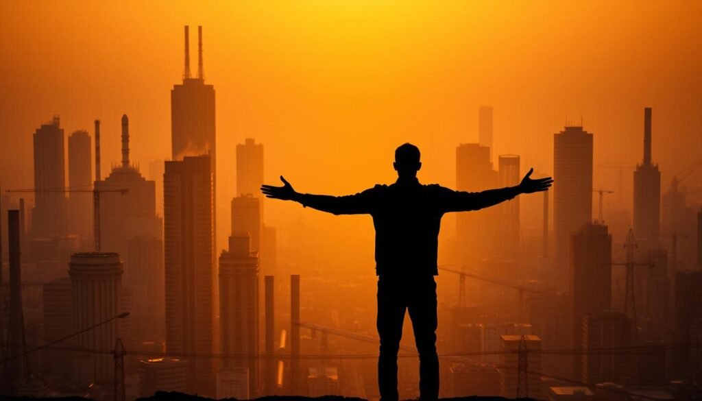 A sprawling, industrial cityscape bathed in a warm, golden hour glow. In the foreground, a lone figure stands with arms outstretched, embodying the "power of habits" - the idea that our routines and rituals can shape our lives. The figure's silhouette is sharp and determined, conveying a sense of focus and control. In the middle ground, skyscrapers and factories rise up, their windows reflecting the warm, amber light. The background is hazy, with a sense of depth and scale, suggesting the broader context in which our habits operate. The overall mood is one of empowerment, stability, and the transformative potential of our daily actions.