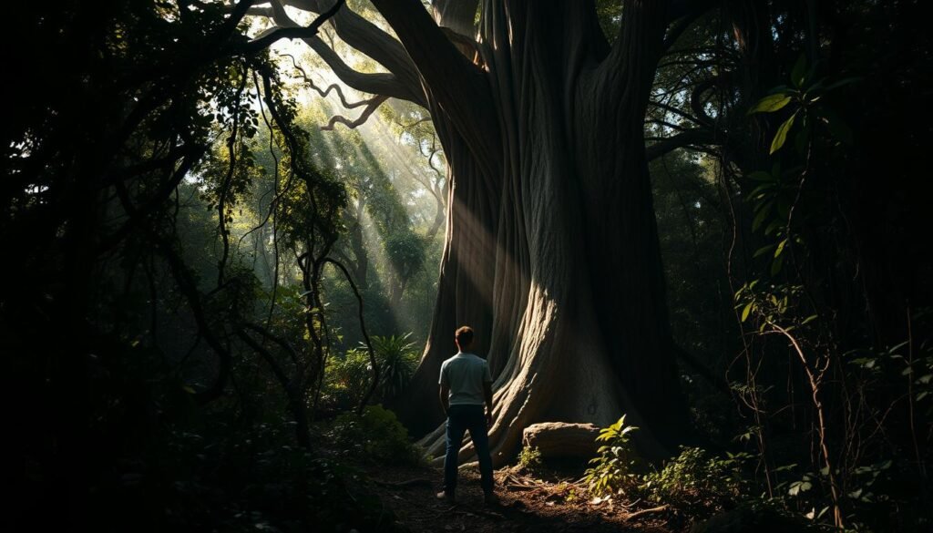 A sprawling, overgrown jungle, lush and vibrant, but with vines and branches tangled and intertwined, casting deep shadows across the ground. In the foreground, a lone figure, their back turned, stands before a towering, knotted tree trunk, a metaphor for the obstacles of procrastination. Sunlight streams through the canopy, illuminating the person's determination as they prepare to take an axe to the gnarled wood, symbolizing the decisive action needed to break free. The atmosphere is one of contemplation and the impending triumph of discipline over distraction, captured in a cinematic, wideangle composition with dramatic chiaroscuro lighting.