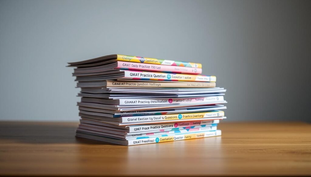 A stack of GRE and GMAT practice question booklets, neatly arranged on a clean, well-lit desk. The booklets have colorful covers with geometric patterns, hinting at the analytical nature of the tests. The lighting is soft and diffused, creating a calming and focused atmosphere. The desk is made of warm-toned wood, and the background is a plain, neutral color to keep the attention on the study materials. The composition is balanced, with the practice question booklets taking up the central focus, conveying the importance of thorough preparation for these standardized tests. A stack of GRE and GMAT practice question booklets, neatly arranged on a clean, well-lit desk. The booklets have colorful covers with geometric patterns, hinting at the analytical nature of the tests. The lighting is soft and diffused, creating a calming and focused atmosphere. The desk is made of warm-toned wood, and the background is a plain, neutral color to keep the attention on the study materials. The composition is balanced, with the practice question booklets taking up the central focus, conveying the importance of thorough preparation for these standardized tests.