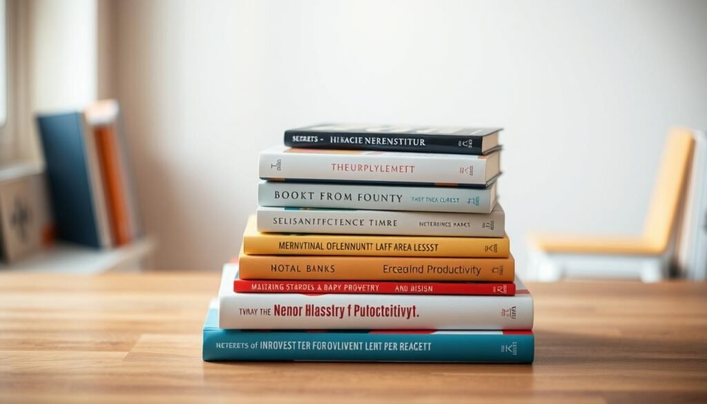 A stack of hardcover books on a minimalist wooden desk, bathed in warm, soft lighting. The books feature captivating titles and covers, hinting at their content focused on boosting productivity and personal development. The books are arranged in an aesthetically pleasing manner, creating a sense of order and focus. The background is blurred, emphasizing the books as the central subject. The overall atmosphere conveys a cozy, inspiring workspace, perfect for delving into the secrets of improved efficiency and professional success.