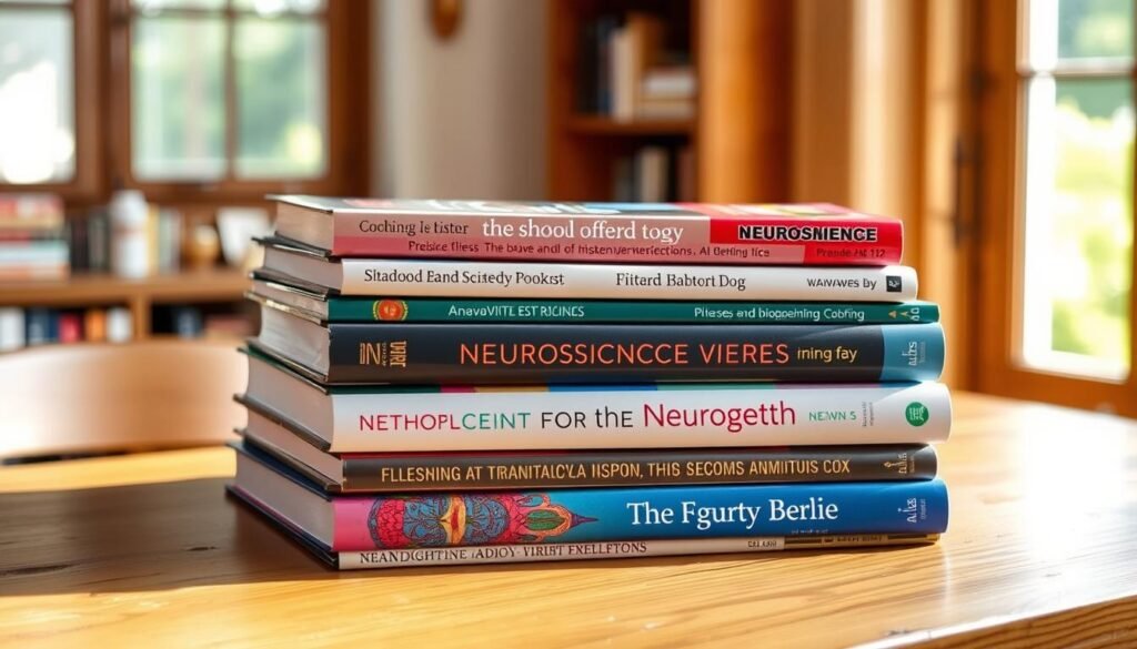 A stack of hardcover science books on the subject of neuroscience, arranged neatly on a wooden table. The books have vibrant, colorful covers with intricate illustrations and titles that convey the depth and complexity of the topic. Warm, natural lighting illuminates the scene, creating a cozy and inviting atmosphere. The books are positioned in a way that suggests thoughtful curation, hinting at the valuable knowledge contained within. The overall composition is clean, balanced, and visually appealing, capturing the essence of the "best simplified scientific books on the brain" as described in the section title.