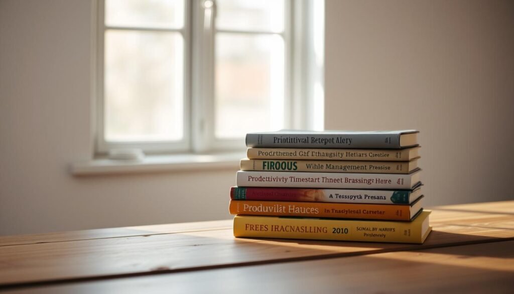 A stack of well-worn books resting on a minimalist wooden table, bathed in soft, natural lighting from a nearby window. The books' spines display titles related to productivity, time management, and focus-enhancing techniques. The scene conveys a sense of calm, inspiration, and the quiet pursuit of self-improvement, reflecting the section's theme of "Books to Help You Focus in a World Full of Distractions".