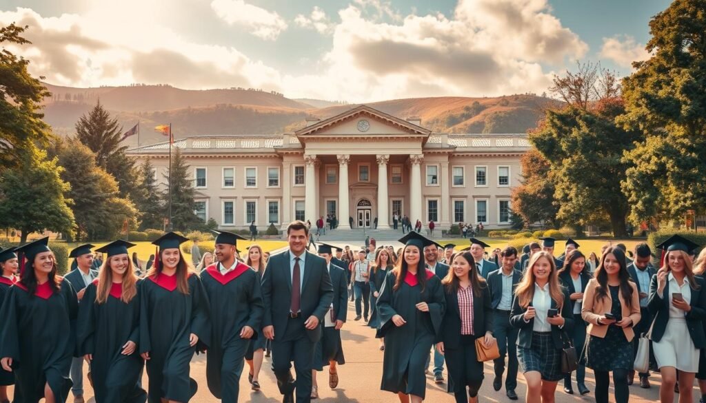 A stately university campus with a grand, neo-classical facade, set against a backdrop of lush, rolling hills. In the foreground, a group of graduates in flowing gowns and mortarboards, beaming with pride as they stride confidently towards their next chapter. The midground features a diverse array of students, from business-suited postgraduates to casually-dressed undergrads, all engaged in animated discussions. Warm, golden sunlight filters through wispy clouds, casting a soft, intellectual glow over the scene. The entire composition exudes a sense of academic excellence, opportunity, and the transformative power of Edureka's educational programs.
