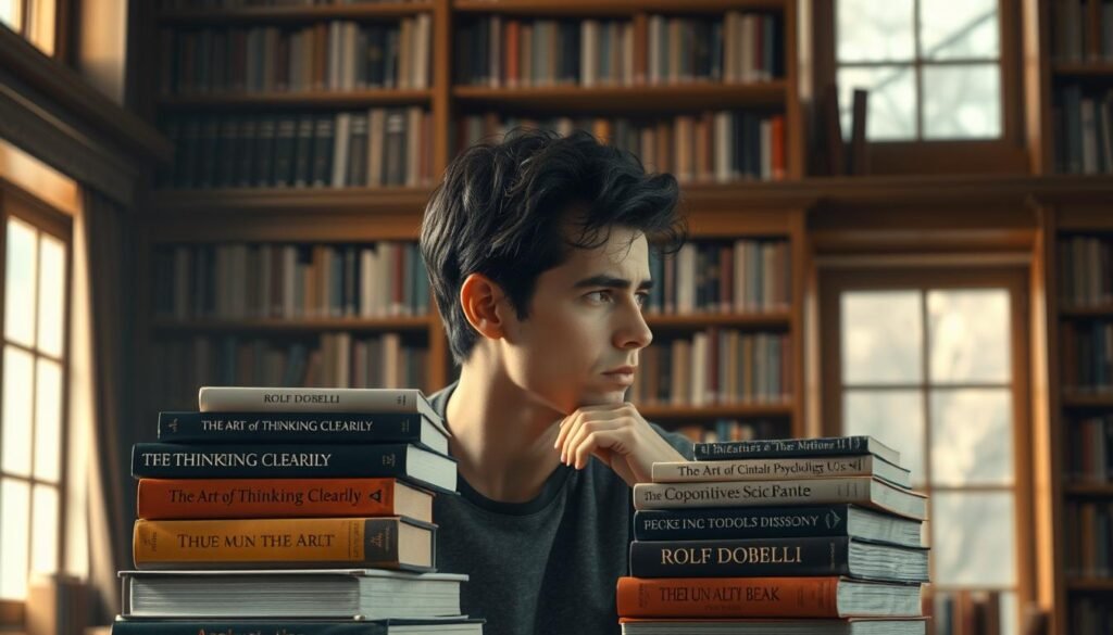 A striking, photorealistic illustration of the concept of "critical thinking", set against a backdrop of a well-stocked bookshelf. In the foreground, a person sits in deep contemplation, their brow furrowed as they ponder a complex problem. Their expression radiates focus and intellectual engagement. The middle ground features a stack of books, including "The Art of Thinking Clearly" by Rolf Dobelli, alongside other titles on philosophy, psychology, and cognitive science. The background showcases a warm, inviting library setting, with soft lighting filtering through tall windows, casting a thoughtful ambiance. Subtle visual cues, such as the person's posture and the carefully curated book selection, convey the essence of critical analysis and the pursuit of deeper understanding.