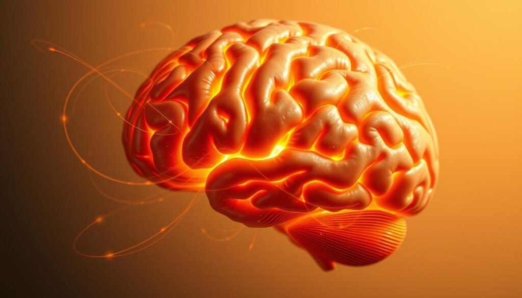 A striking portrait of a human brain, its intricate folds and crevices illuminated by a warm, golden light. The brain appears to be suspended in a dreamlike, ethereal space, conveying a sense of intellectual power and mental clarity. Wispy, ethereal tendrils emanate from the brain, suggesting the expansive, infinite nature of the human mind. The overall composition is balanced and visually captivating, evoking a sense of wonder and contemplation. The lighting is soft and directional, casting dramatic shadows that accentuate the brain's form and texture. The background is a subtle, muted gradient, allowing the focus to remain solely on the central subject and its mesmerizing, radiant energy.