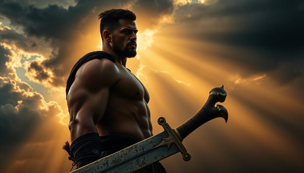 A strong, determined warrior stands tall, shoulders back, gaze fixed on the horizon. Their expression is one of unwavering focus, jaw set and eyes narrowed, conveying an unbreakable spirit. The figure is silhouetted against a dramatic sky, golden rays of light piercing through dark storm clouds, casting a warm, heroic glow. In the foreground, a weathered sword rests, its blade gleaming, a symbol of the warrior's readiness to face any challenge. The overall atmosphere is one of power, resilience, and the unwavering resolve to overcome adversity.
