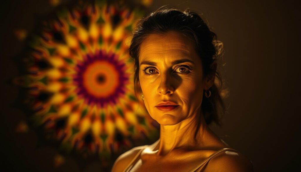 A strong, self-assured woman stands in a dimly lit room, her gaze unwavering and her posture confident. Soft, warm lighting illuminates her face, casting shadows that accentuate the determined set of her jaw. In the background, a kaleidoscope of vibrant colors and abstract shapes swirls, symbolizing the inner journey of self-discovery. The woman's expression is one of quiet resolve, her eyes reflecting the depth of her introspection and the unshakable sense of who she is. This scene conveys the overcoming of obstacles to a strong sense of self, a testament to the power of personal growth and self-acceptance.