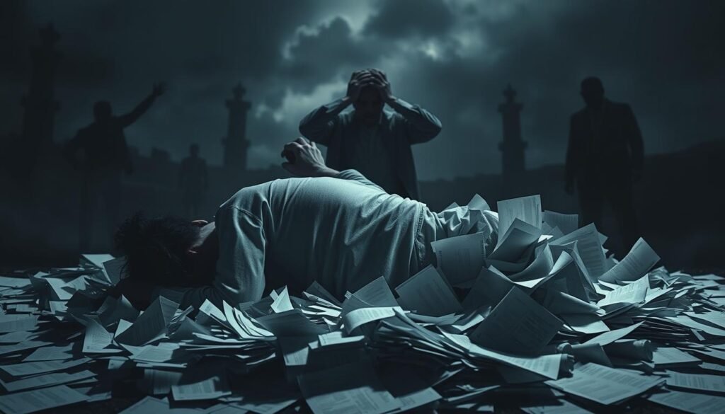 A surreal, allegorical depiction of the stages of burnout and stress. In the foreground, a figure curled up, exhausted, surrounded by a whirlwind of scattered papers and documents. In the middle ground, the same figure, slumped and defeated, grasping at their head in anguish. In the background, a dim, oppressive landscape with towering, faceless silhouettes, representing the overwhelming pressures of work and life. Muted, desaturated colors convey a sense of emotional and mental fatigue. Dramatic lighting casts deep shadows, emphasizing the heaviness and despair of the scene. An intense, emotive, cinematic composition that captures the progressive deterioration of well-being due to chronic stress and burnout.