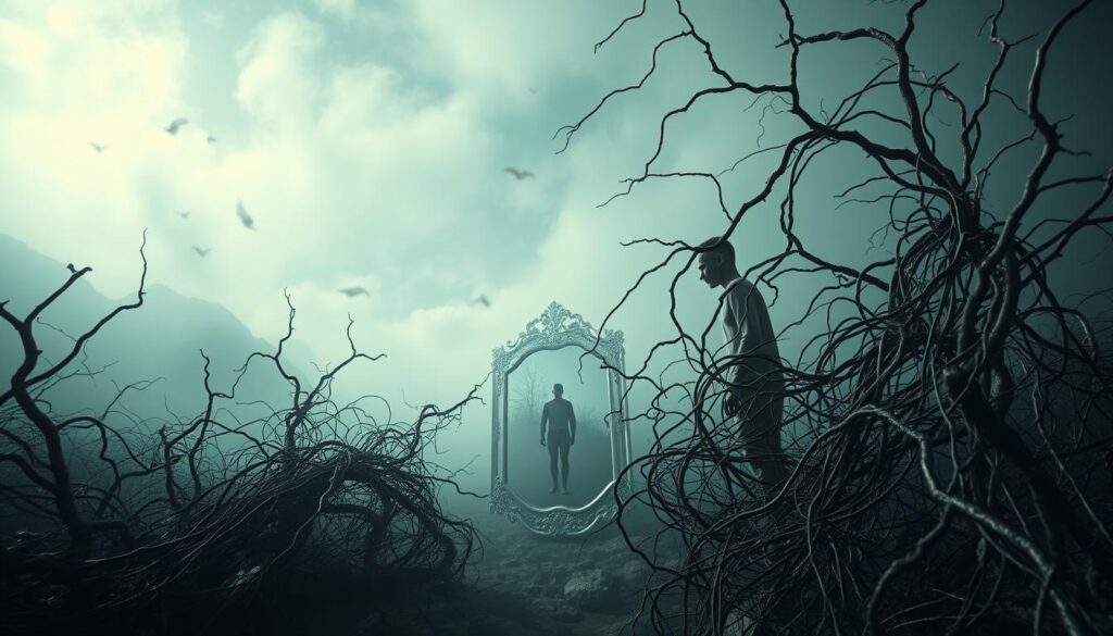 A surreal, psychologically-charged landscape depicting the inner turmoil of self-improvement syndrome. In the foreground, a figure is caught in a web of tangled vines, symbolizing the relentless cycle of self-criticism and unattainable goals. The middle ground features a fractured mirror, reflecting the fragmented sense of self, while the background is shrouded in a hazy, dreamlike atmosphere, suggesting the detachment from reality. Dramatic lighting casts deep shadows, heightening the sense of emotional duress. The composition is shot from a low angle, emphasizing the overwhelming nature of the experience. The overall mood is one of anxiety, isolation, and the crushing weight of unmet expectations.