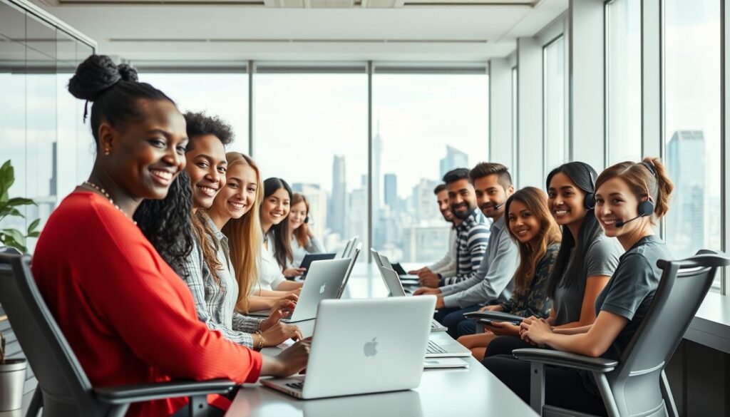 A team of diverse individuals gathered in a modern, well-lit office setting, tending to the needs of online learning students. In the foreground, a group of attentive support agents, each with a friendly demeanor and a laptop, ready to assist. The middle ground features a sleek, minimalist workspace with ergonomic chairs and desks, creating a professional and welcoming atmosphere. In the background, a large window overlooking a bustling city skyline, symbolizing the global reach and accessibility of the online learning platform. The overall mood is one of efficiency, empathy, and a commitment to student success. A team of diverse individuals gathered in a modern, well-lit office setting, tending to the needs of online learning students. In the foreground, a group of attentive support agents, each with a friendly demeanor and a laptop, ready to assist. The middle ground features a sleek, minimalist workspace with ergonomic chairs and desks, creating a professional and welcoming atmosphere. In the background, a large window overlooking a bustling city skyline, symbolizing the global reach and accessibility of the online learning platform. The overall mood is one of efficiency, empathy, and a commitment to student success.