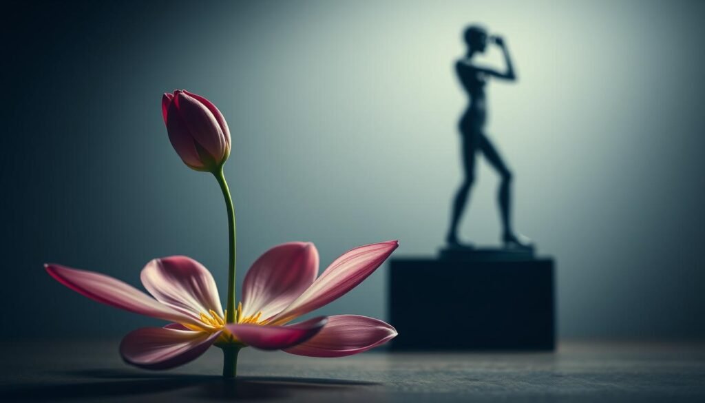 A thought-provoking contrast between a growing, dynamic mindset and a fixed, inflexible one. In the foreground, an open, blossoming flower represents the growth-oriented "growth mindset", its petals unfurling with potential. In the background, a rigid, unmoving sculpture embodies the "fixed mindset", its rigid form contrasting the organic fluidity of the flower. Soft, diffused lighting casts an introspective mood, inviting the viewer to ponder the distinction between these two fundamental mindsets and their profound impact on human development and achievement. Captured with a medium-wide angle lens to highlight the conceptual juxtaposition at the heart of this powerful visual metaphor.
