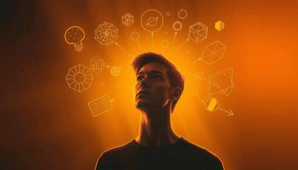 A thought-provoking illustration of critical thinking skills, featuring a central figure immersed in deep contemplation, surrounded by abstract symbols and shapes that represent the cognitive processes involved. The scene is bathed in warm, golden lighting, conveying a sense of insightful discovery. In the background, a subtle pattern of intersecting lines and geometric forms hints at the interconnected nature of critical analysis. The overall composition creates a sense of balance and harmony, reflecting the disciplined yet creative nature of critical thinking.