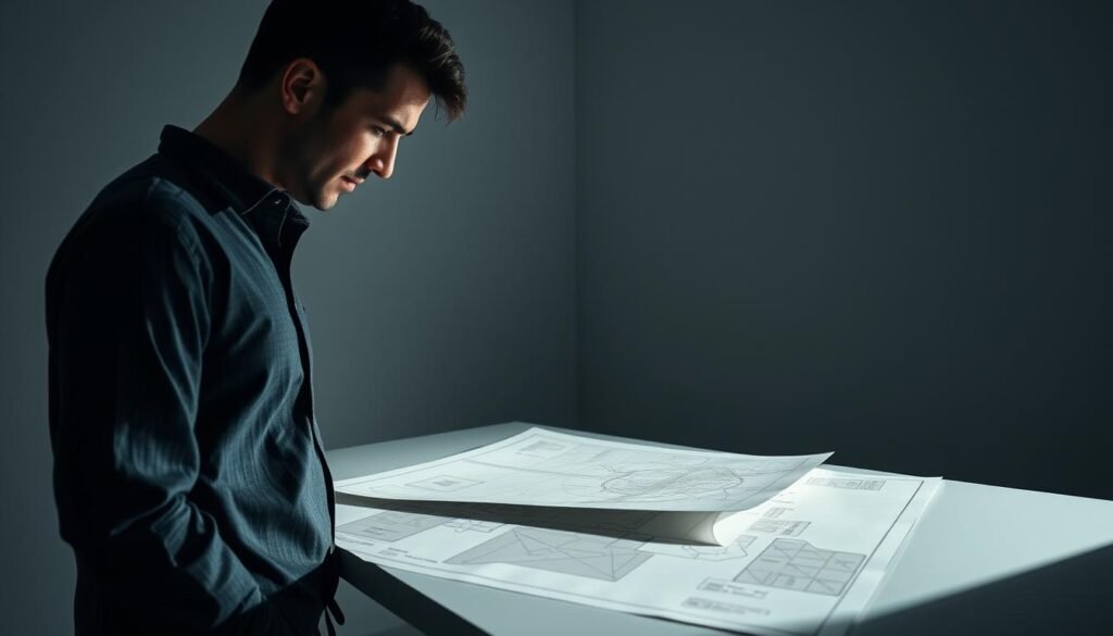 A thoughtful individual standing in a well-lit room, gazing intently at a complex diagram or blueprint laid out on a sleek, modern desk. The lighting casts dramatic shadows, highlighting the person's intense focus and the deep contemplation etched on their face. The background is a clean, minimalist space, free of distractions, allowing the viewer to fully immerse themselves in the act of critical thinking. The overall atmosphere is one of quiet concentration, with a sense of purpose and intellectual discovery.
