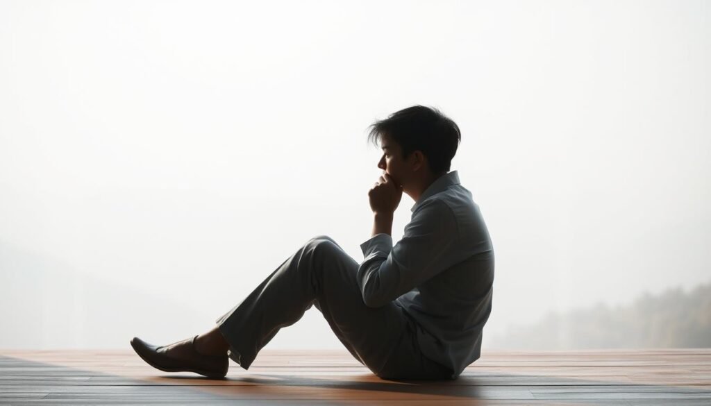 A thoughtful, pensive figure sits in a serene, minimalist environment, lost in contemplation. Soft, diffused lighting casts gentle shadows, creating a sense of introspection. The subject's posture conveys a deep focus, as if grappling with the complexities of their own system of thought. The background is a hazy, dreamlike landscape, suggesting the abstract nature of the cognitive process. Subtle textural details, such as the folds of clothing and the grain of the wooden surfaces, add depth and tactility to the scene. This image evokes the essence of "Thinking, Fast and Slow," capturing the delicate balance between intuition and deliberation that defines the human mind.