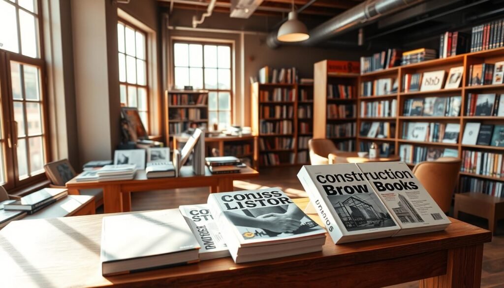 A tranquil bookshop interior, with a warm, inviting atmosphere. Sunlight filters in through large windows, casting a soft glow on the carefully curated shelves of construction-themed books. In the foreground, a wooden table displays a selection of these volumes, their covers featuring bold typography and minimal, architectural designs. The middle ground showcases additional bookcases, their contents neatly organized, while the background hints at a cozy seating area where readers can immerse themselves in the knowledge contained within. The overall scene evokes a sense of thoughtfulness, professionalism, and a passion for the craft of construction.