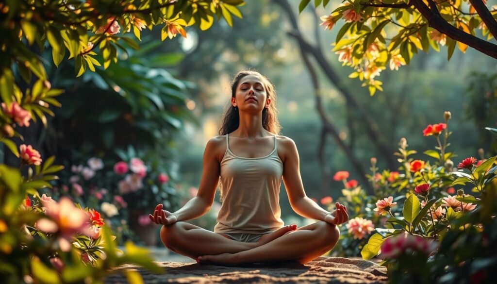A tranquil garden oasis, lush with verdant foliage and vibrant blooms, serves as the backdrop for a serene figure in deep contemplation. Warm, soft lighting filters through the canopy, casting a soothing, introspective glow. The central figure, seated in a meditative pose, emanates a sense of inner peace and personal growth, their eyes closed as they focus inwardly. The composition is framed by a harmonious blend of earthy tones and natural textures, evoking a sense of grounded, mindful connection. An ethereal, dreamlike quality permeates the scene, inviting the viewer to pause, reflect, and embark on their own journey of self-discovery.