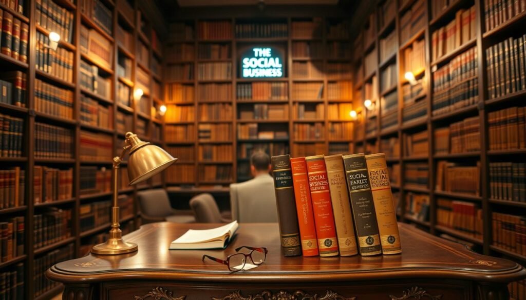 A tranquil library setting, with floor-to-ceiling shelves filled with leather-bound volumes on social entrepreneurship. Soft, warm lighting casts a cozy glow, while a large, ornate desk takes center stage. On the desk, a collection of seminal books on social business, their covers emblazoned with gold lettering. In the foreground, a brass desk lamp and a pair of reading glasses suggest an air of contemplation and scholarly pursuit. The overall atmosphere evokes a sense of timeless wisdom and practical guidance for those embarking on the journey of social innovation.