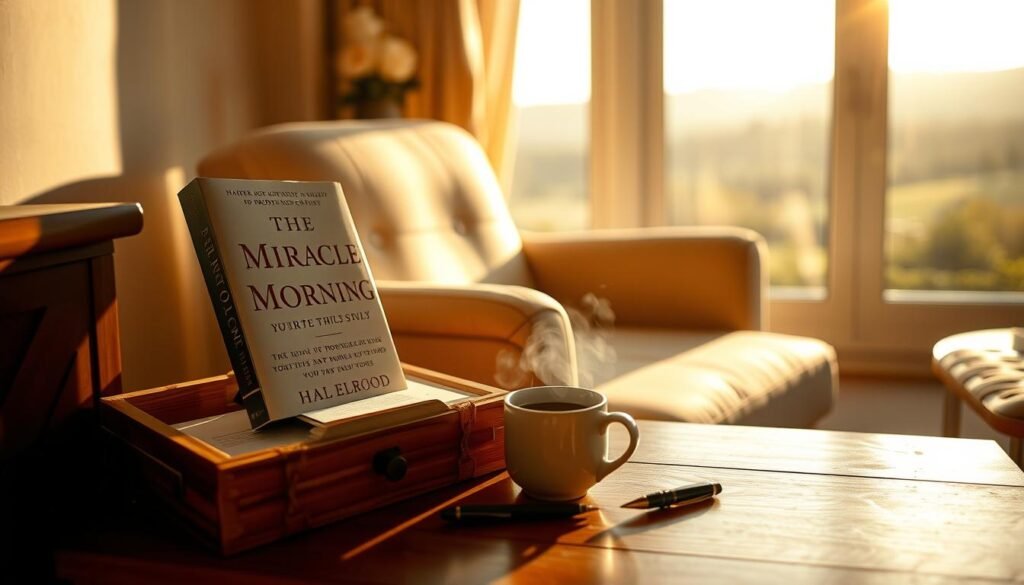 A tranquil morning scene, bathed in warm, golden light. In the foreground, a wooden nightstand holds a copy of "The Miracle Morning" by Hal Elrod, surrounded by essentials for a productive start to the day - a journal, a pen, and a cup of steaming coffee. The middle ground features a comfortable armchair, its plush upholstery inviting the viewer to settle in and reflect. In the background, a large window frames a serene outdoor landscape, hinting at the possibilities that await beyond the peaceful confines of this personal sanctuary. The overall atmosphere conveys a sense of focus, mindfulness, and the transformative power of daily habits.