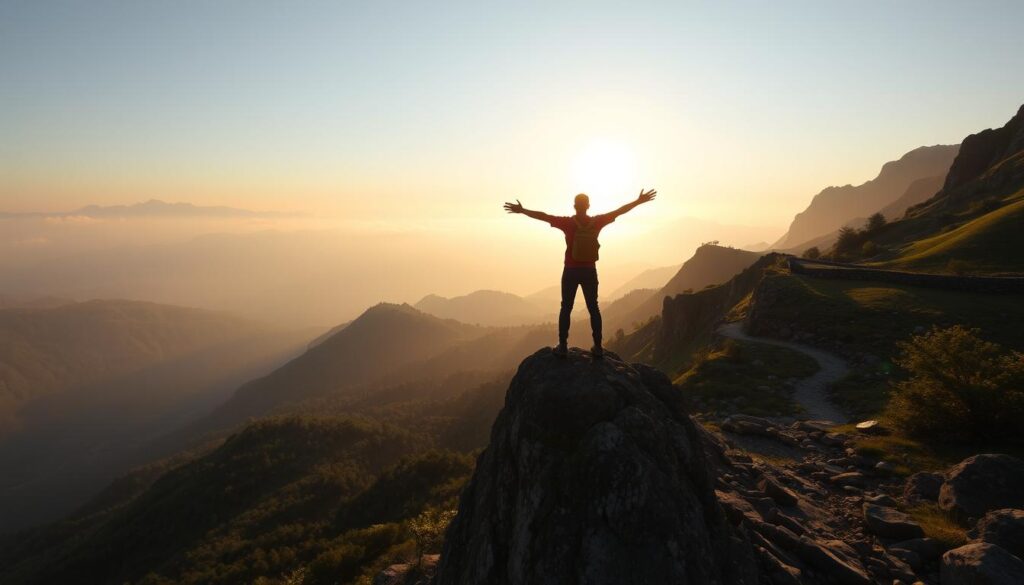A tranquil mountain vista, its peaks shrouded in mist. In the foreground, a traveler stands atop a rocky outcrop, arms outstretched with a sense of wonder and triumph. The warm, golden light of the setting sun casts a soft glow, highlighting the traveler's silhouette against the vast, rugged landscape. In the middle ground, a winding trail leads through lush, verdant forests, symbolizing the journey of personal growth. The background unveils a distant horizon, promising new horizons and endless possibilities for self-discovery. The scene evokes a profound sense of inner peace, renewal, and the transformative power of travel experiences.