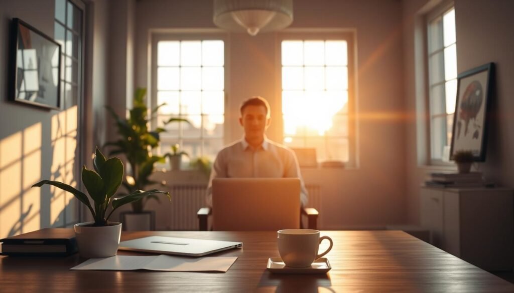 A tranquil office scene, bathed in warm, natural light filtering through large windows. In the foreground, a desk with a laptop, a cup of coffee, and a potted plant, symbolizing a harmonious balance between work and personal well-being. The middle ground features a person sitting at the desk, their posture relaxed yet focused, conveying a sense of inner peace and mindfulness. In the background, minimalist decor and a tasteful piece of art on the wall, creating a serene and aesthetically pleasing environment. The overall mood is one of calm, reflection, and a professional-personal equilibrium.