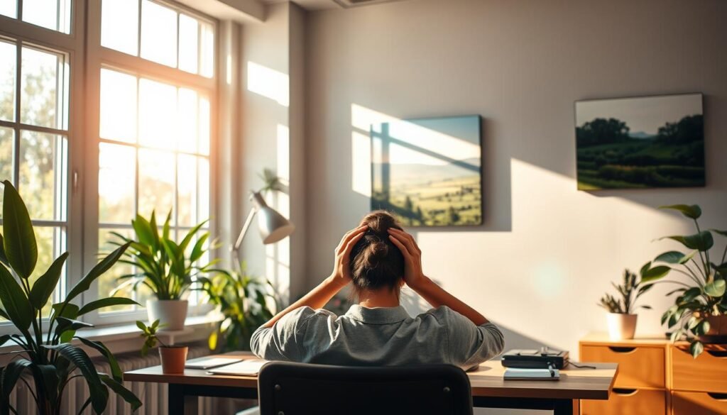 A tranquil office space, bathed in warm, natural lighting from large windows. In the foreground, a person sits at a desk, hands cradling their head, eyes closed in a moment of respite. The middle ground features calming plants, a diffused desk lamp, and a serene landscape painting on the wall. In the background, a lush, verdant garden scene, with sunlight filtering through the leaves, symbolizing a sense of balance and rejuvenation. The overall atmosphere exudes a soothing, contemplative mood, encouraging the viewer to find moments of calm and self-care amidst the demands of work.