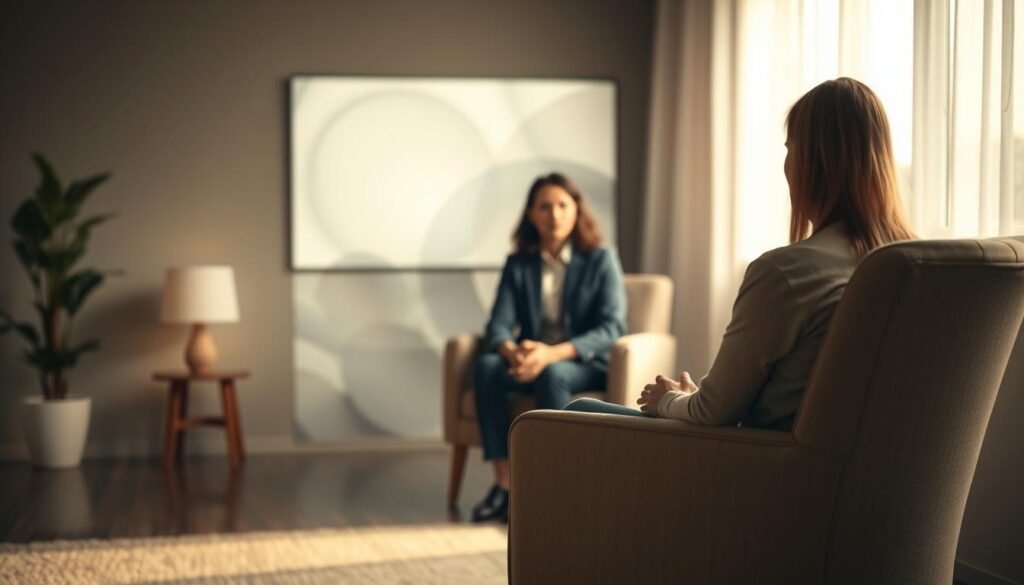 A tranquil scene of a person undergoing cognitive behavioral therapy, with a therapist guiding them through the process. The foreground features the patient in a comfortable armchair, hands clasped, expression contemplative. Soft, warm lighting illuminates the room, creating a calming atmosphere. In the middle ground, the therapist sits facing the patient, gesturing empathetically. The background depicts soothing, abstract shapes and textures, suggesting the patient's inner world and the therapeutic journey. The overall tone evokes a sense of introspection, self-awareness, and the gradual transformation of emotions and behaviors.