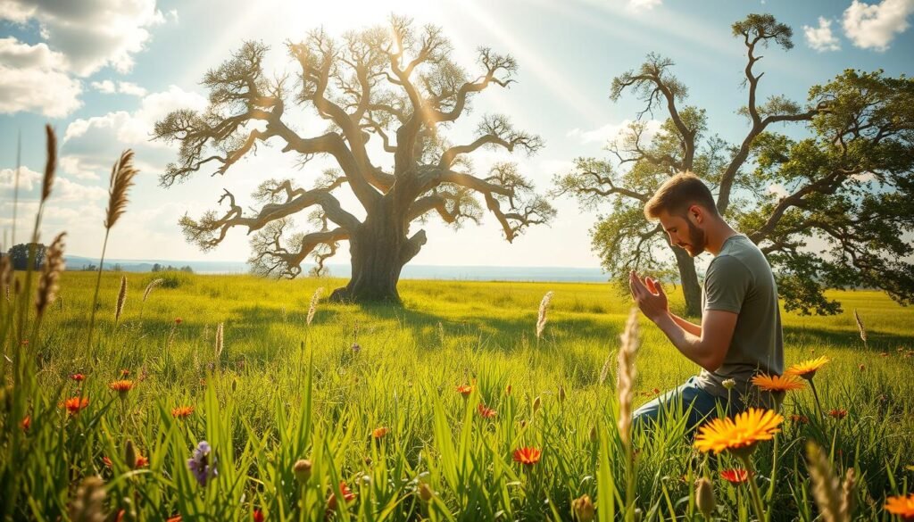A tranquil, sunlit meadow, resplendent with lush verdant grasses and vibrant wildflowers. In the foreground, a serene figure kneels in prayer, their expression suffused with a profound sense of faith and determination. Beams of warm, golden light filter through wispy clouds, casting a soft, reverent glow upon the scene. In the middle ground, a sturdy oak tree stands tall, its gnarled branches reaching skyward, symbolizing the unwavering diligence required to overcome life's challenges. The background fades into a distant horizon, hinting at the boundless possibilities that await those who approach their endeavors with a steadfast mindset of faith and hard work.
