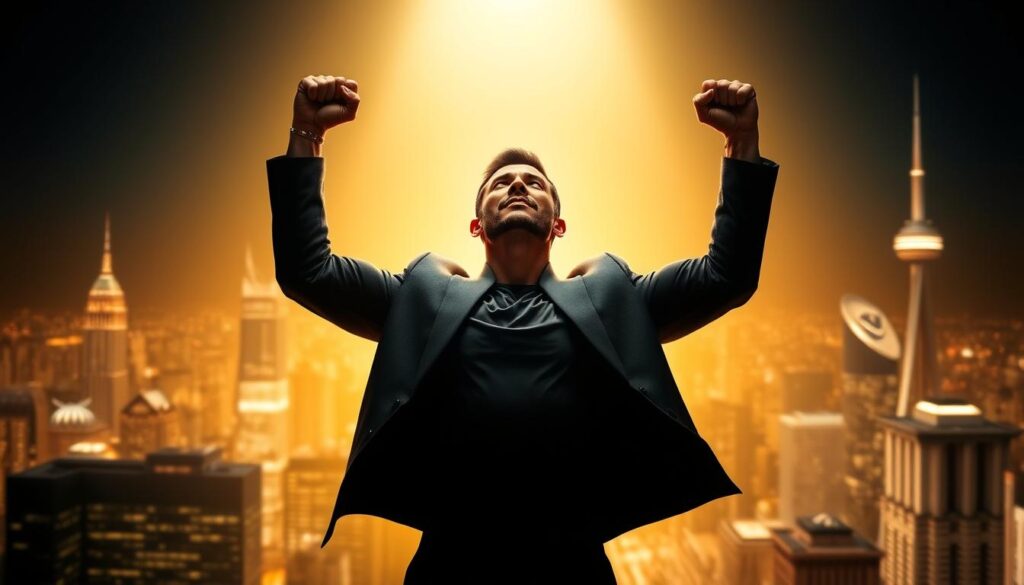 A triumphant figure standing tall, their body language radiating confidence and determination. The background is a luminous, golden-hued cityscape, symbolizing the success and prosperity that comes with a winning mindset. Dramatic, directional lighting accentuates the subject's resolute expression, conveying a sense of unwavering focus. The scene evokes a mood of empowerment, progress, and the ability to overcome challenges through a "winning mentality." The composition is balanced, with the central figure commanding attention, surrounded by an aspirational, inspirational environment.